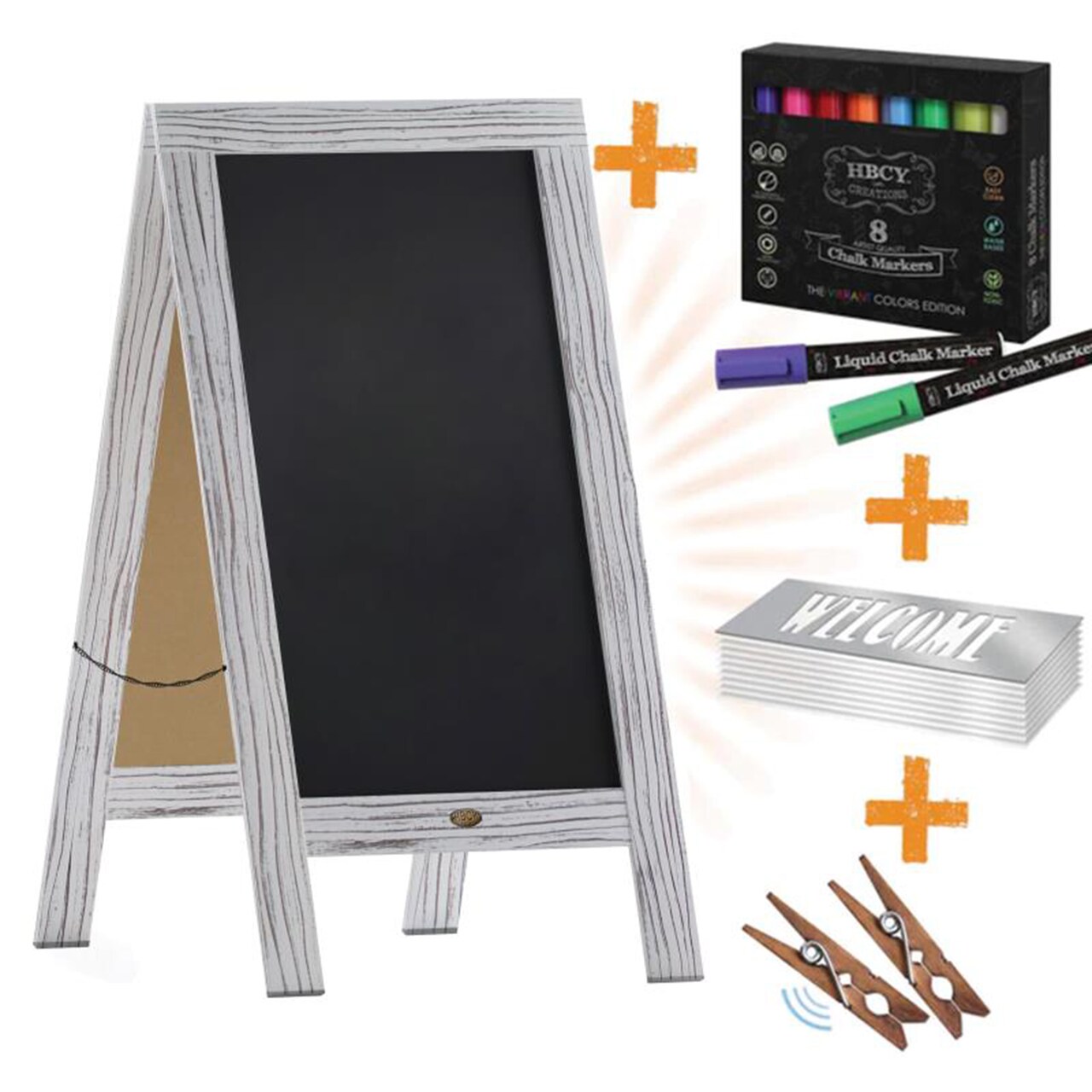 Canterbury 40" x 20" Wooden Indoor/Outdoor A-Frame Magnetic Chalkboard Sign Set - 8 Chalk Markers, 10 Stencils, 2 Magnets, and Eraser